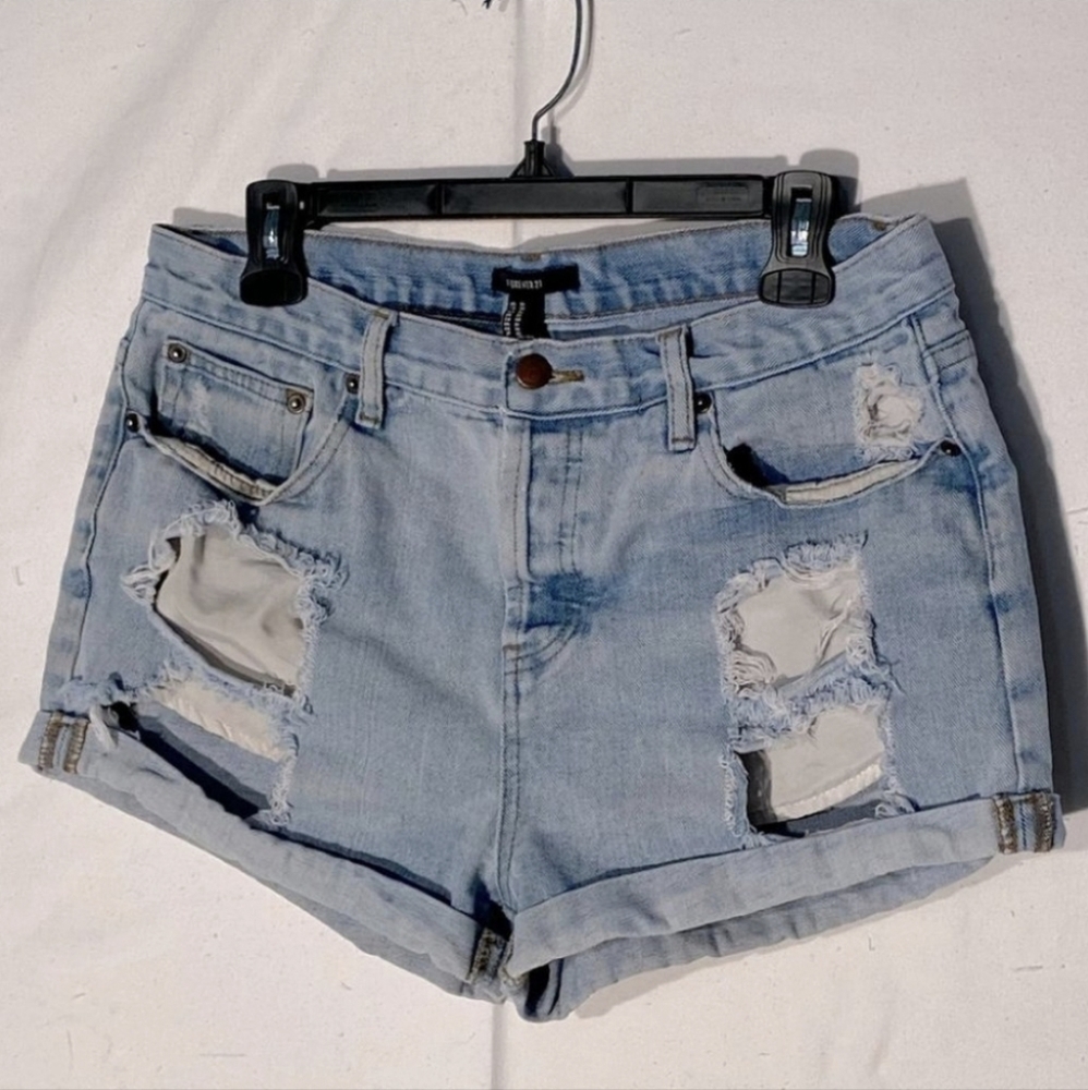 Forever 21 High Rise Light Wash Distressed Denim Festival Jean  Shorts 31